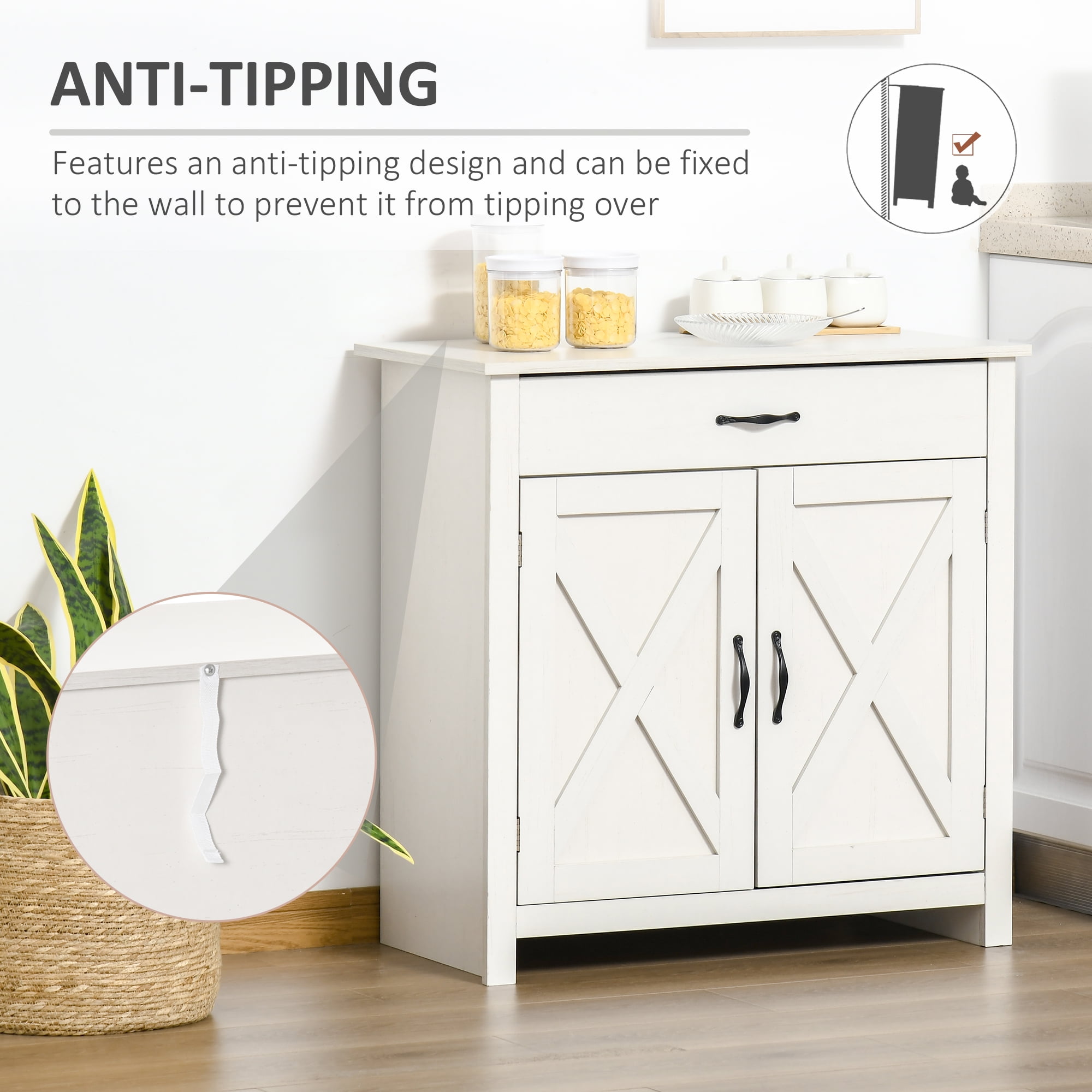 HOQBN Farmhouse Sideboard Cabinet with Barn Doors Kitchen Buffet Cabinet with Drawer and Adjustable Shelf White