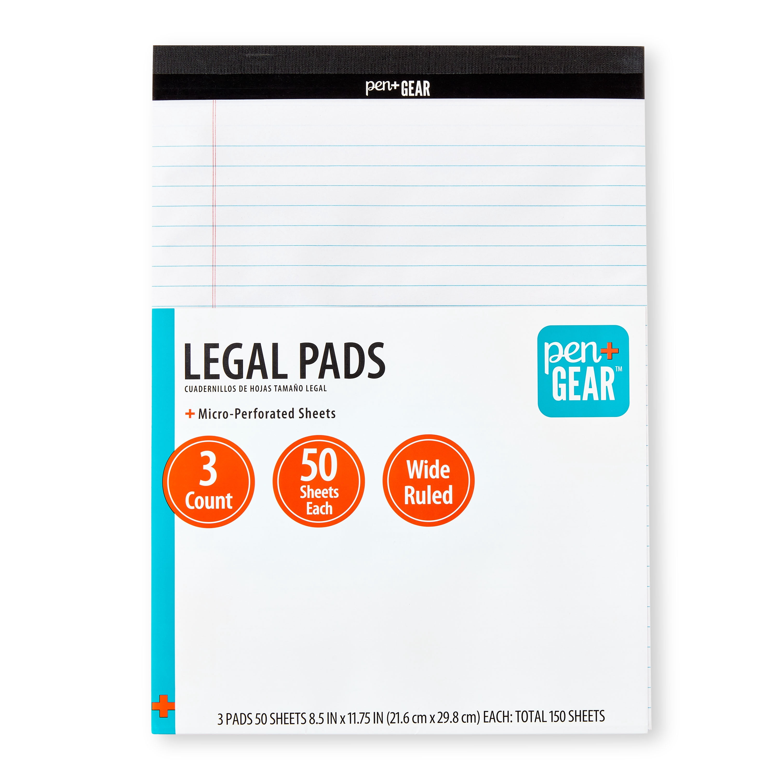 (5 pack) Pen+Gear Wide Ruled Legal Pad, Perforated, 8.5 x 11.75 Inches, 50 Sheets, 3-Pack
