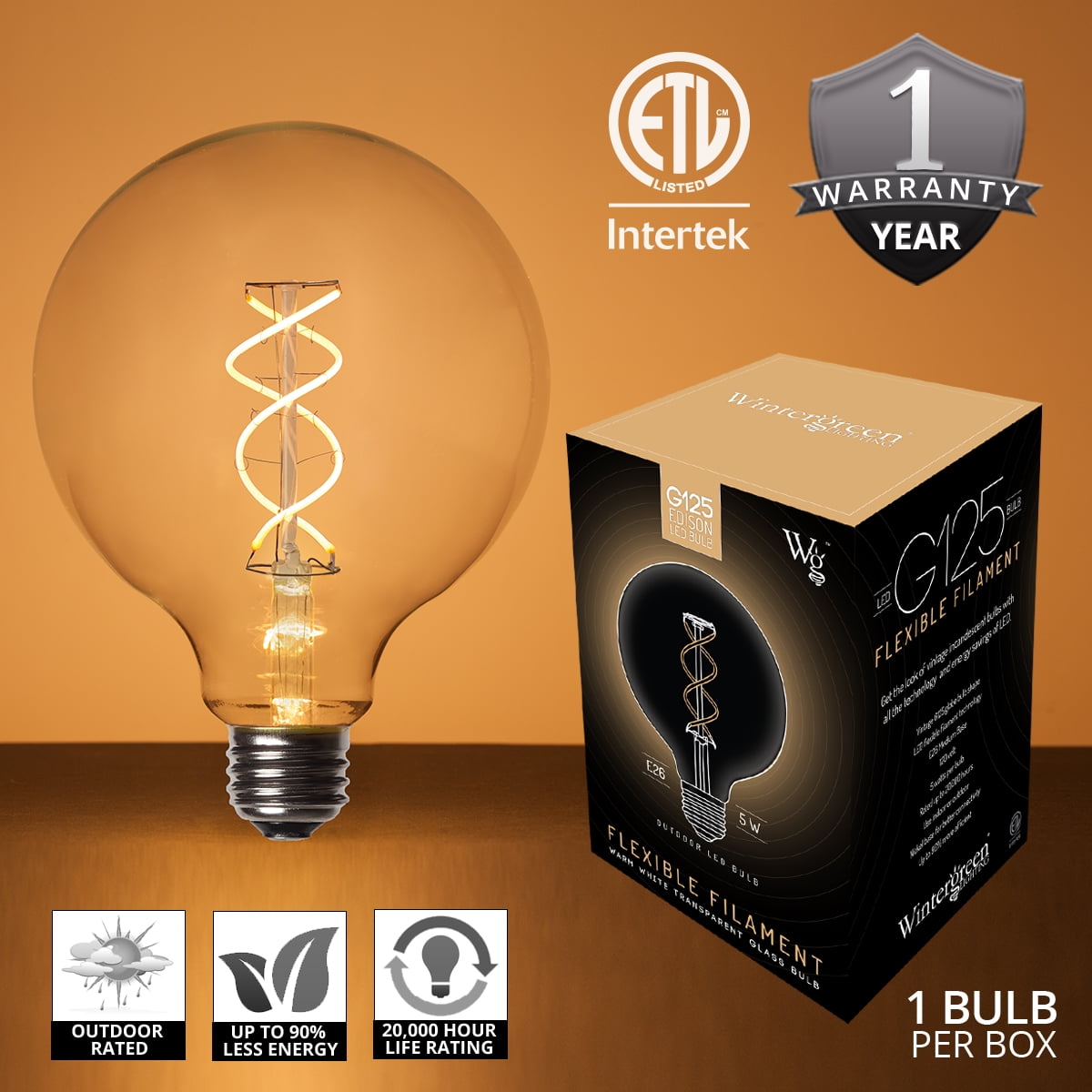 Wintergreen Lighting G125 FlexFilament LED Edison Globe Light Bulb, 5W Vintage LED Edison Bulb, Clear Finish