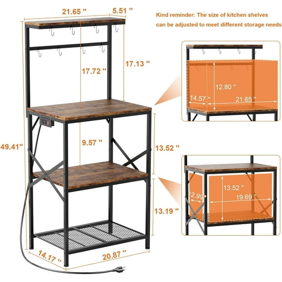 Kitchen Bakers Rack with Power Outlet, Small Coffee  Cart 4 Tiers, Microwave Stand Station with 8 S Hooks, Adjustable Shelf, Freestanding Kitchen Appliance Organizer, Rustic Brown