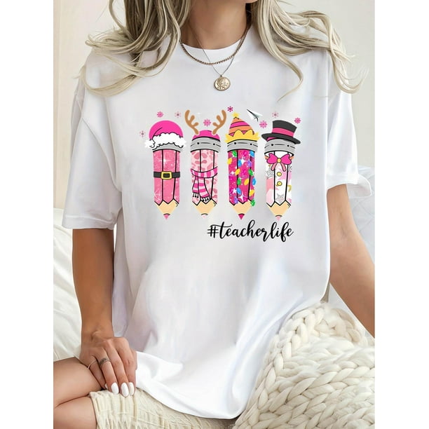 Women'S Casual Crew Neck Short Sleeve T-Shirt, Polyester Knit Fabric with Medium Stretch, Geometric Pattern, with Fun Pencil Print, for All Seasons