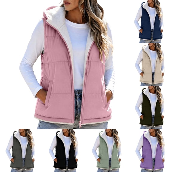 Women's Hooded Sherpa Lined Vest Quilted Zip Up Puffer Jacket Sleeveless Winter Warm Fleece Casual Outerwear Gilet with Pockets S-XXXL Purple