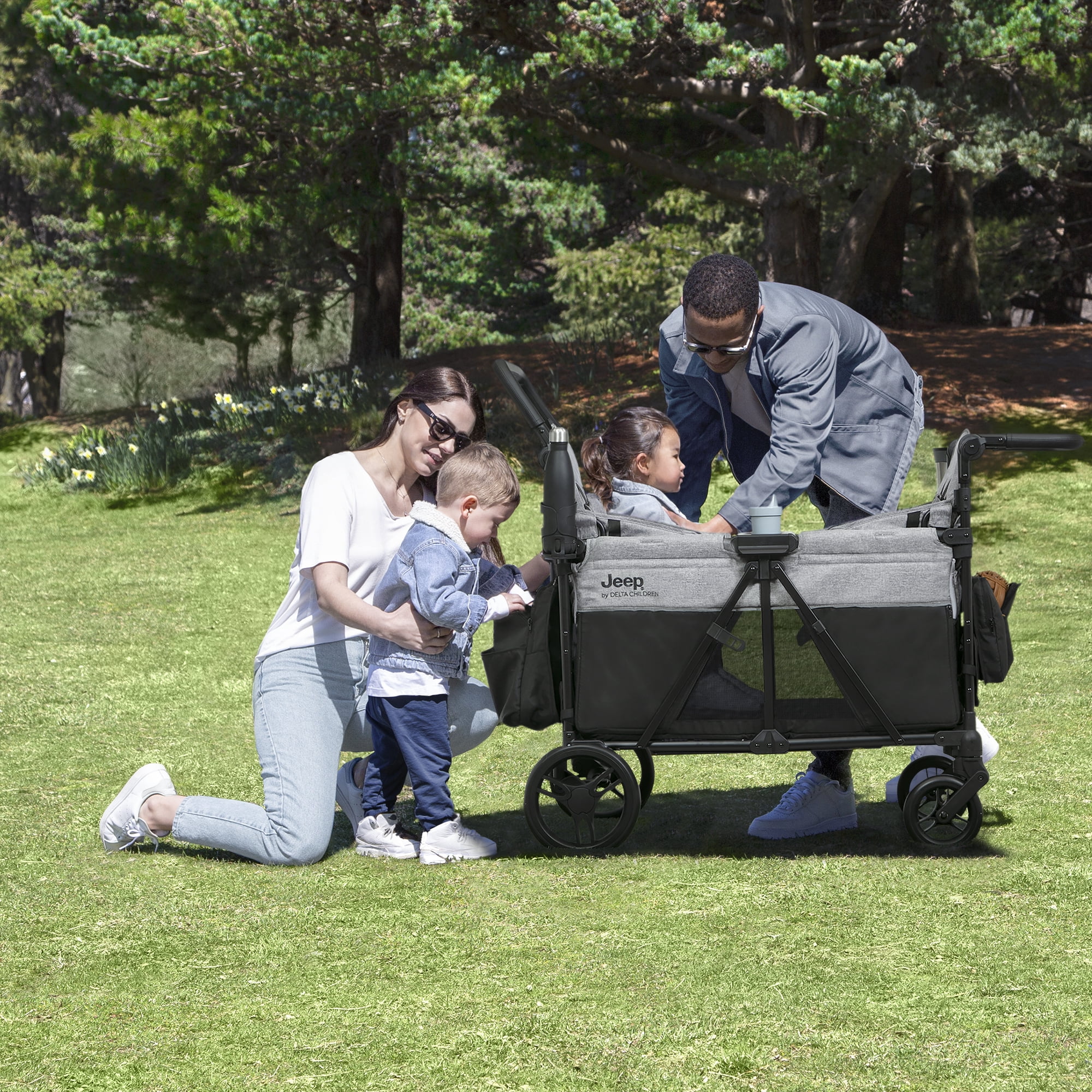 Jeep Aries Stroller Wagon by Delta Children - Premium Wagon for 2 Kids with Convertible Seats, Adjustable Push/Pull Handles, Removable Canopy & Flat Fold - Greenguard Gold Certified, Grey