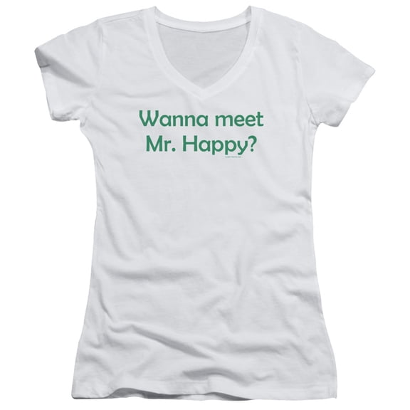 - Wanna Meet Mr. Happy - Juniors Cap Sleeve V-Neck Shirt - X-Large