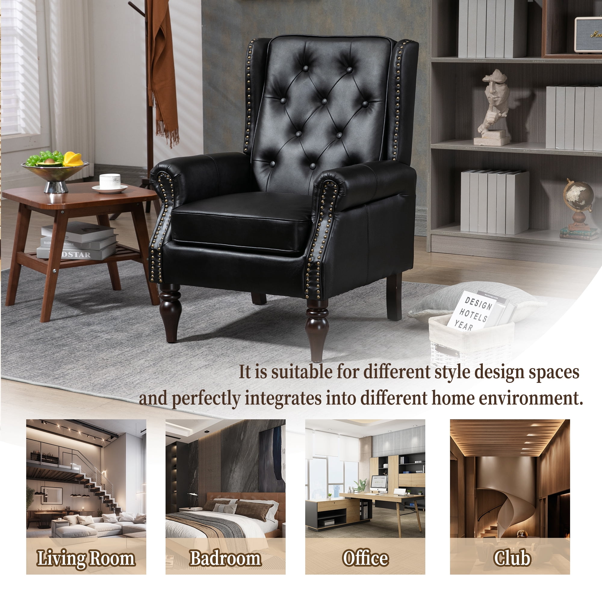 Miniyam PU Leather Armchair with Wood Frame, Modern Accent Chair Lounge Chair with Sturdy Wood Legs, for Living Room Bedroom,Black