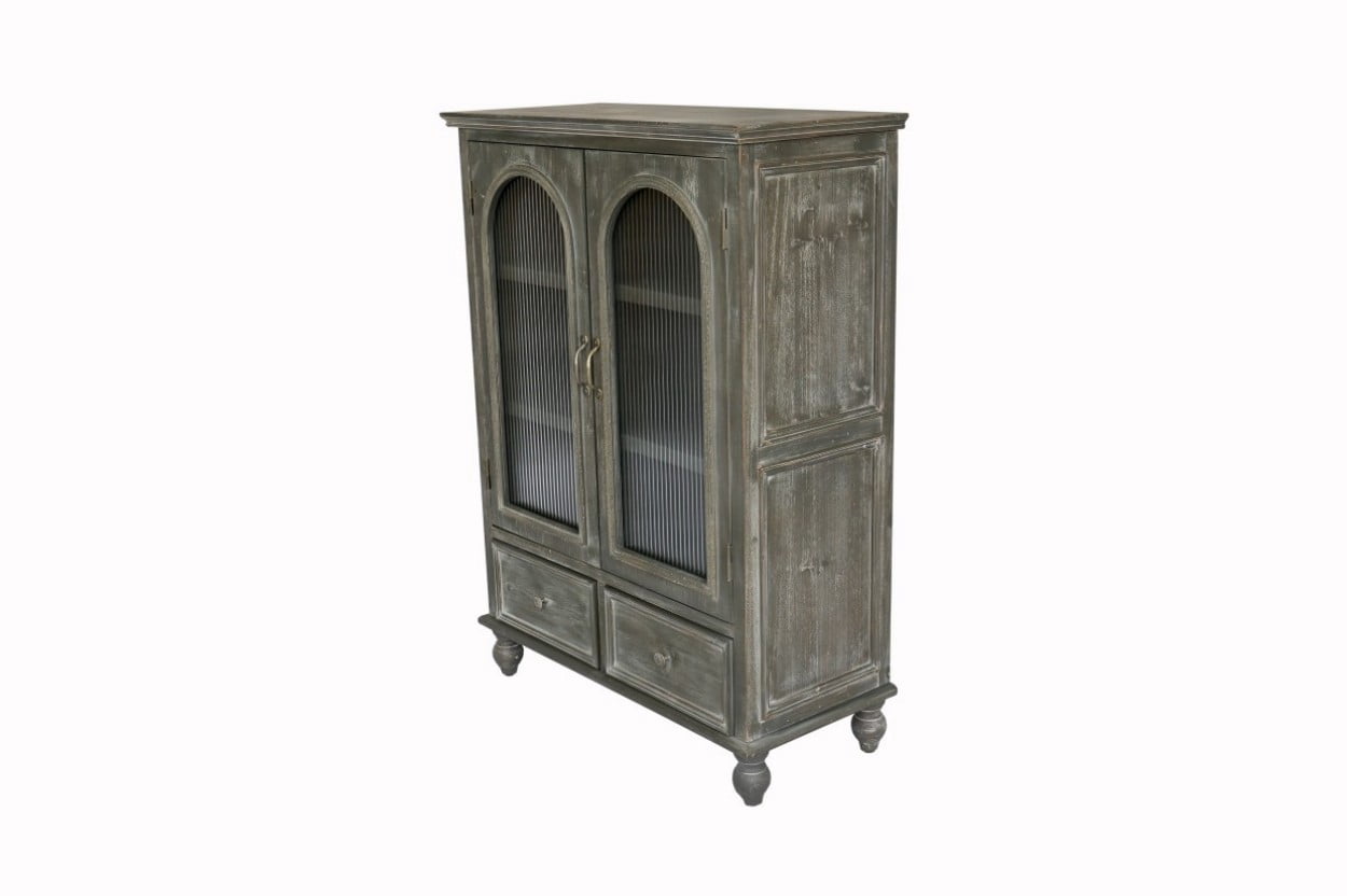 Farmhouse Storage Cabinet, Rustic Kitchen Pantry Cabinet with 2 Glass Doors, 2 Drawers, Adjustable Shelves, Freestanding Buffet Cupboard, Vintage Hutch Cabinet, Distressed Grey