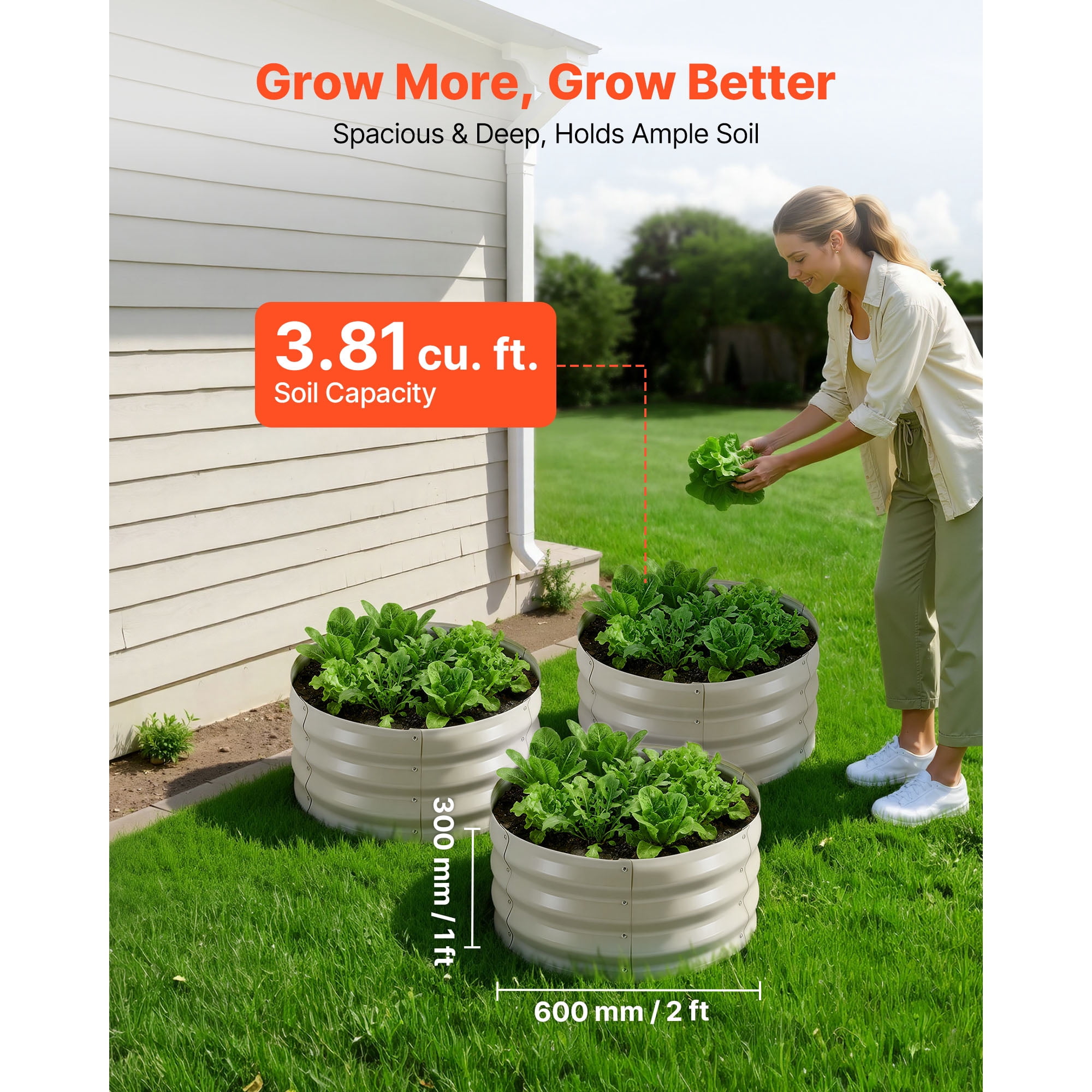 KFFKFF Set of 3 Galvanized Metal Raised Garden Beds, 2 x 2 x 1 ft, Round Planter Boxes for Outdoor Use, Bottomless Design with Gloves, Alu-Zinc Material, Ideal for Growing Flowers, Vegetables, Beige