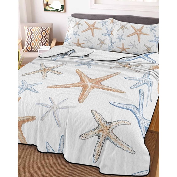 Orange Blue Starfish Full Size Down Alternative Comforter, Lightweight Comforter Quilt Bedding Set with Pillow Shams Summer Beach Coastal Ocean All Seasons Bed Comforter Duvet Insert 78"x90"