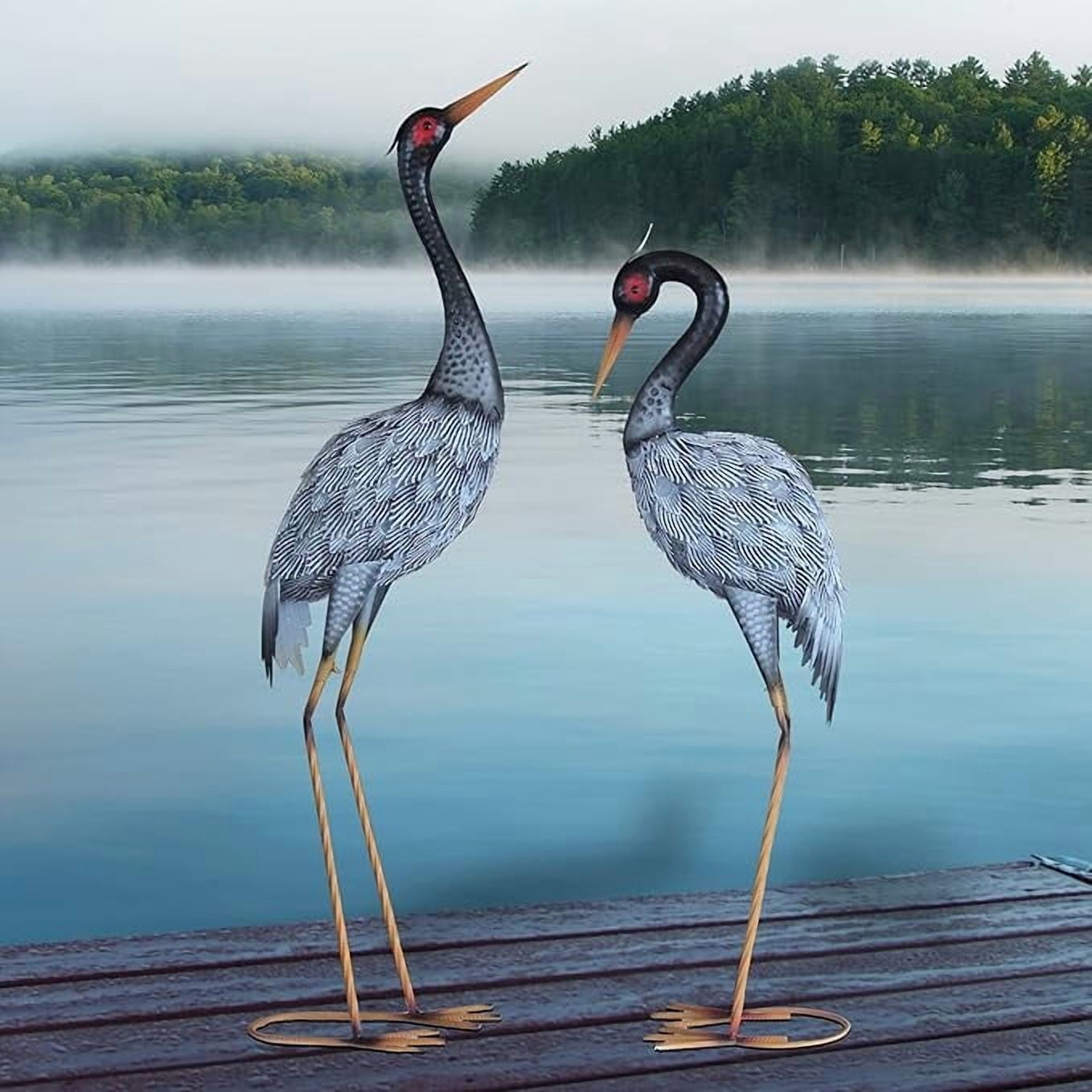 Crane Garden Statue Décor, Metal Crane Yard Art for Outdoor Patio Lawn Backyard Pool, Garden Sculpture & Statues, Set of 2, Black and White