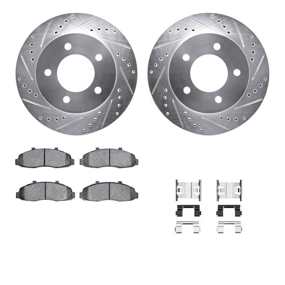 Dynamic Friction Company Front Brake Rotors-Drilled and Slotted-Silver with Heavy Duty Brake Pads includes Hardware 7212-99134