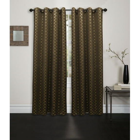 Blackout Curtain Panel Contemporary Moroccan Foil Printed 54"x84" Decorative Grommet Single Window Treatment Natalie, Chocolate / Gold