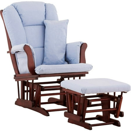 Storkcraft Tuscany Glider and Ottoman with Lumbar Pillow Cherry Finish and Blue Cushions
