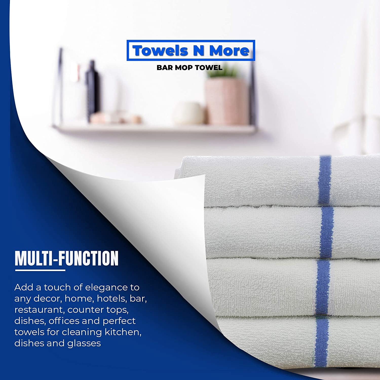 24 Pack Bar Mop Towels, 16x19 Kitchen Cleaning Towels, 30oz Commercial Bar Mop Towels, Restaurant Cleaning Towels Reusable Cotton, Blue Stripe by Towels N More