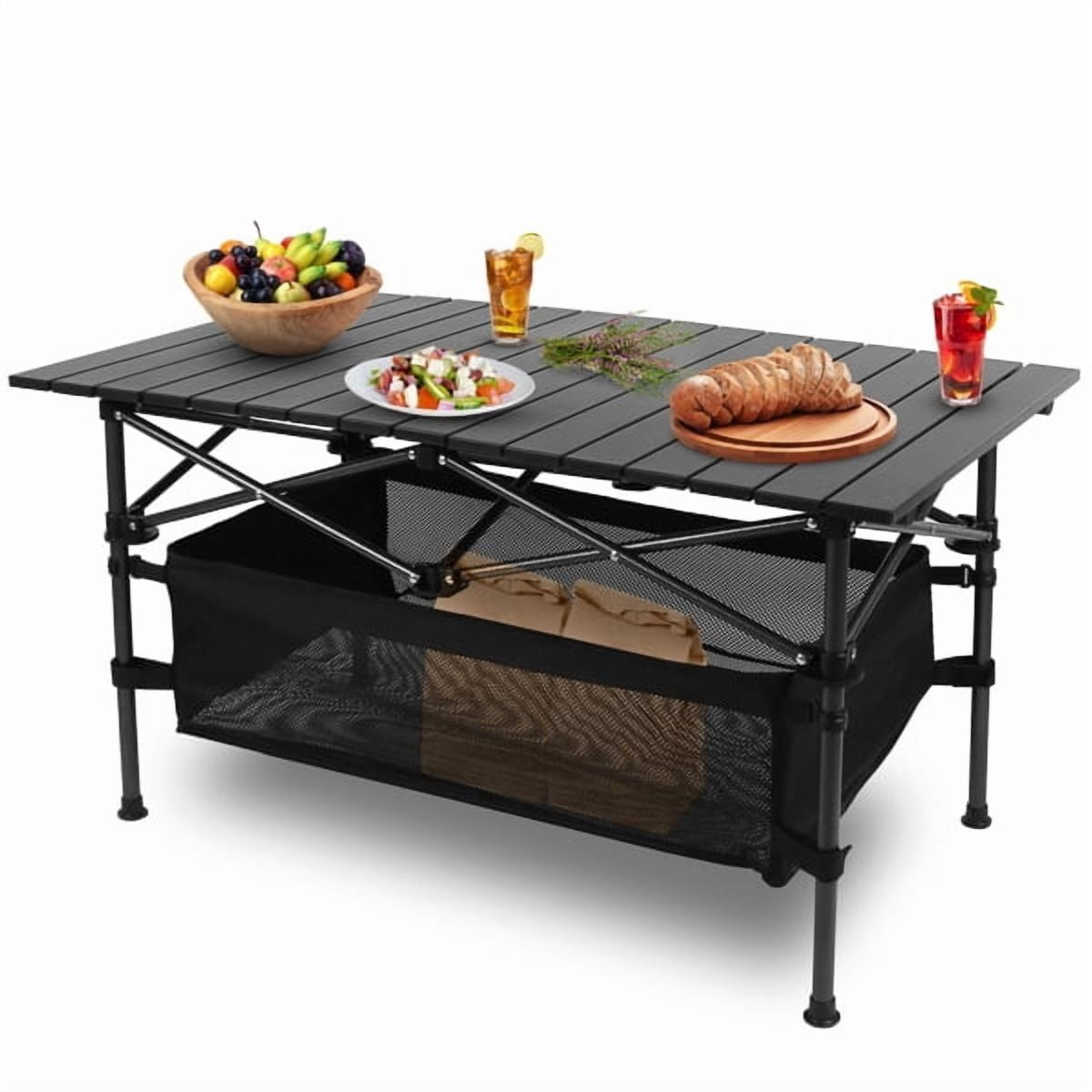37.2" Folding Camping Table, Aluminum Top & Steel Frame, 220lb Capacity, Mesh Storage Basket, Carry Bag for Outdoor Dining, BBQ, Beach, Backyard