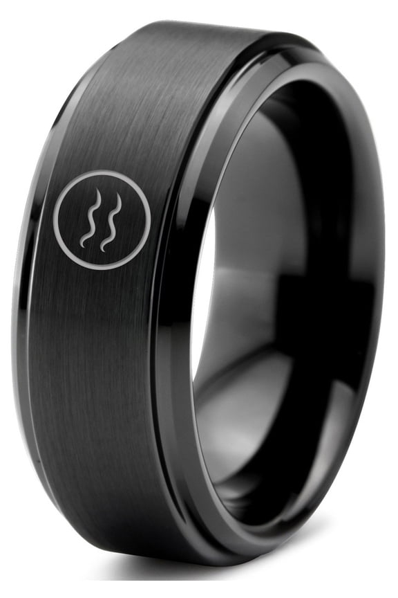 Tungsten Horoscope Aquarius Band Ring 8mm Men Women Comfort Fit Black Step Bevel Edge Brushed Polished
