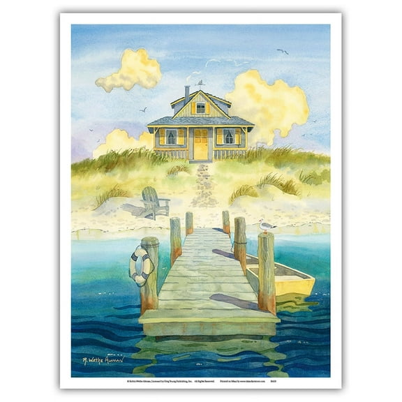 Welcome Home - Sitting by the Dock - Cozy Beach Cottage - From an Original Watercolor Painting by Robin Wethe Altman - Master Art Print (Unframed) 9in x 12in