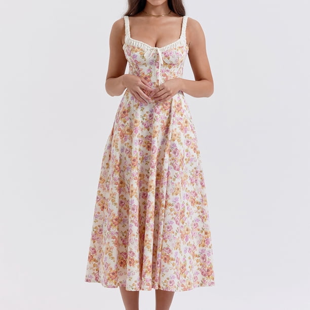 Vestido De Tirantes De Verano Bustier con estampado floral Midi Dress Backless Women Beachwear Outfit (Rosa S) Cgtredaw Para estrenar