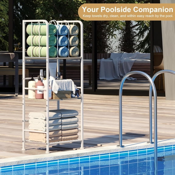 Towel Rack Free Standing 3-Tier M-Shaped Detachable Dividers,  Metal Holder, Pool Towel Rack, Space-Saving Towel Storage Organizer, Modern Bath Towel Shelf for Home, Poolside, White