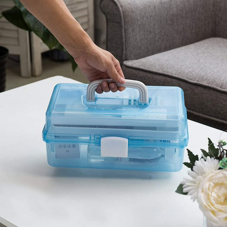 MyGift 2-Tier Clear Blue Plastic Multipurpose Storage Box with Handle & Trays