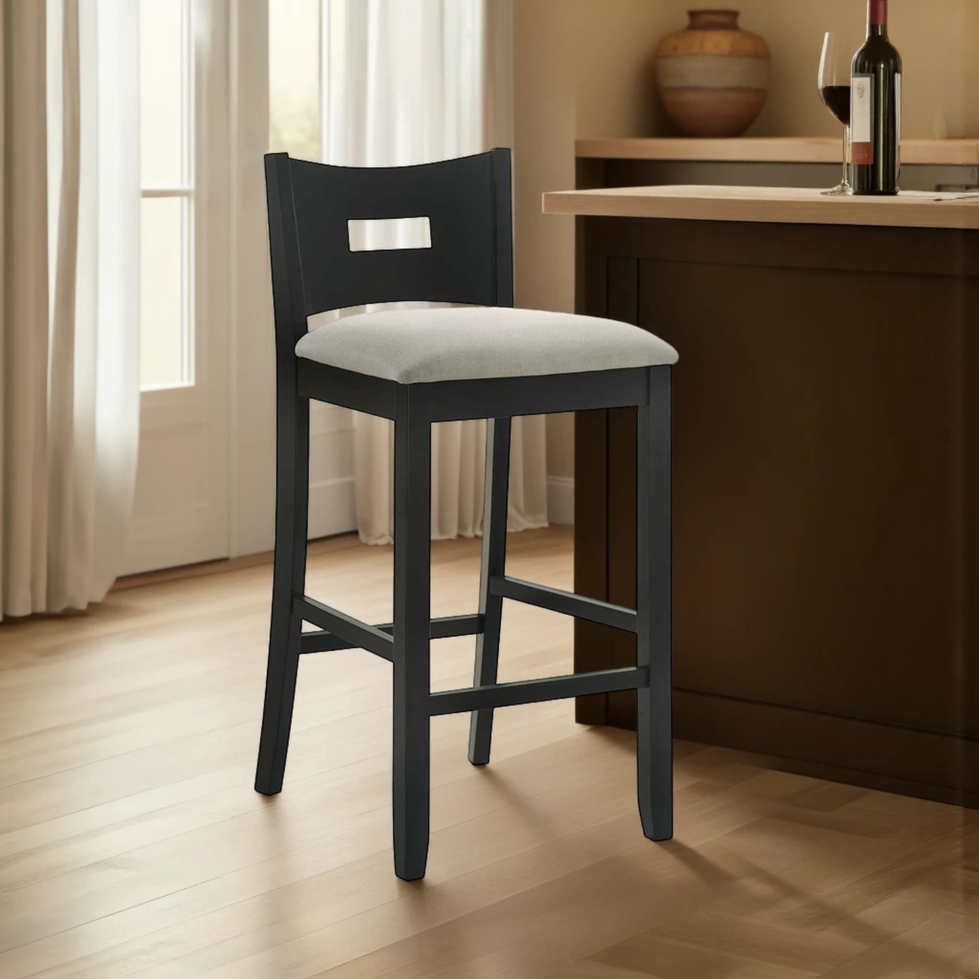 Armen living Ren 30 in. Matte Black Bar Height Rubberwood Barstool with Fog Fabric Seat