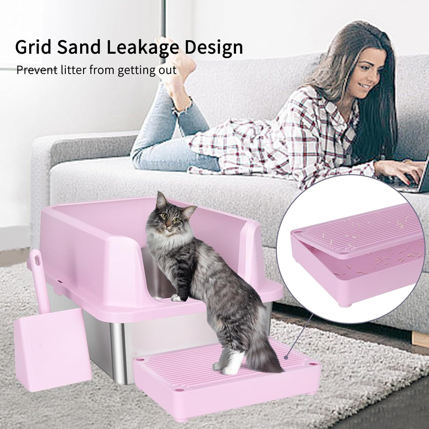 Stainless Steel Cat Litter Box, Semi-Enclosed Litter Box with Raised Edges, Anti-Leakage & Odorless, Large Litter Box for Small to Large Sized Cats (Dark Pink, 23.8" L*16" W*12" H)