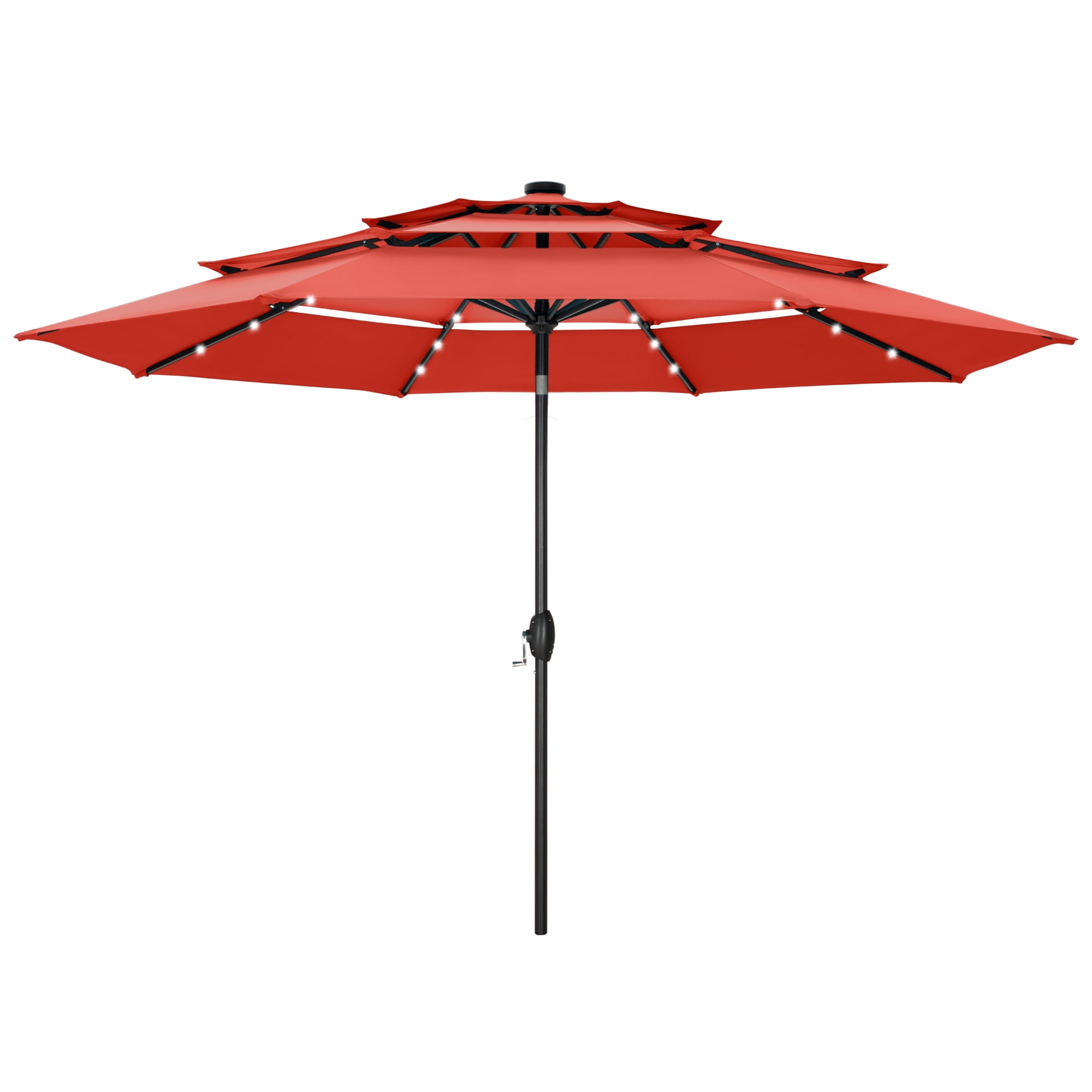Summit Living 10ft Patio Umbrella with Solar Lights 3-Tier Vented Outdoor Market Umbrella with Auto-Tilt – Orange Red