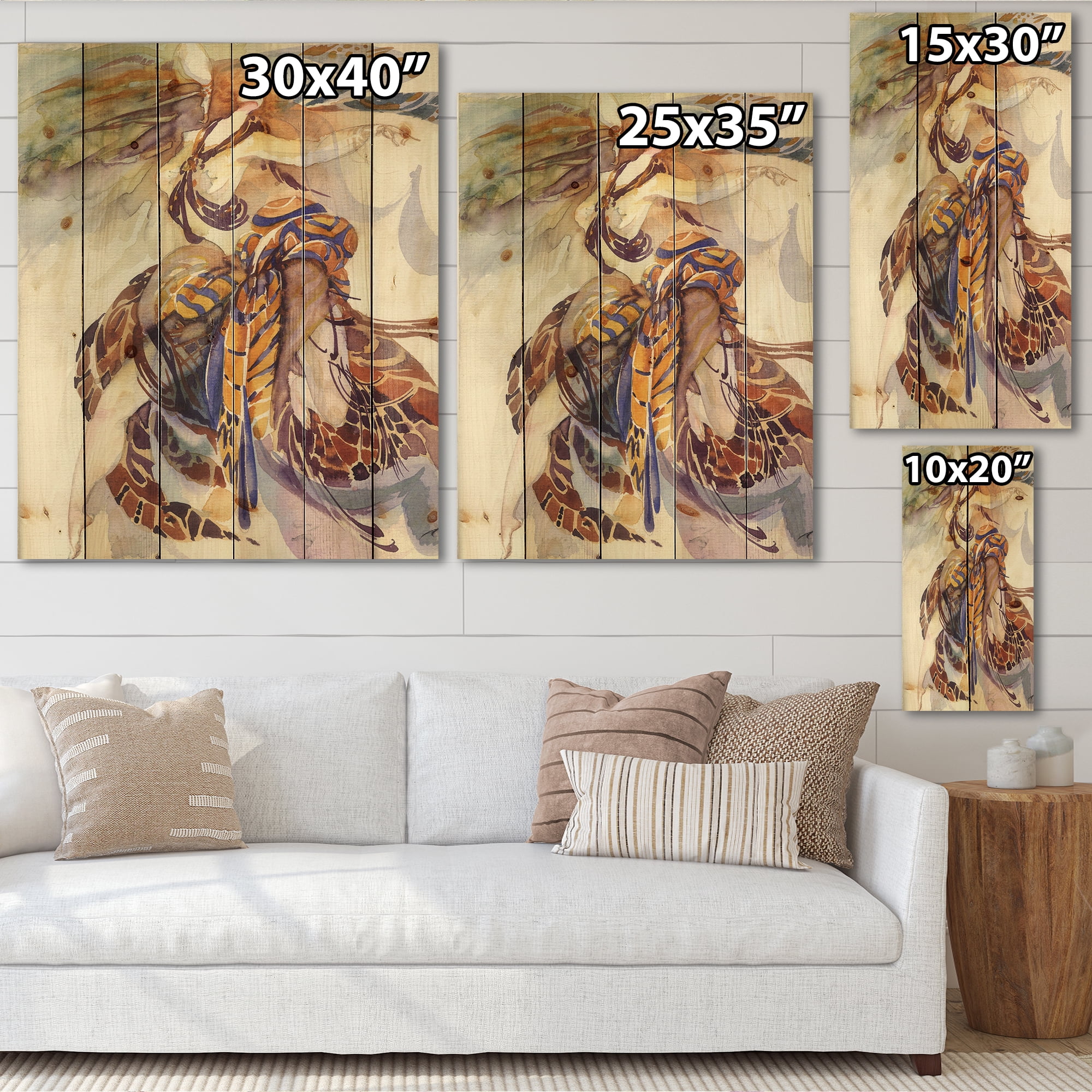 Designart 'Allegory of Paradise Bird Woman Portrait' Traditional Print on Natural Pine Wood
