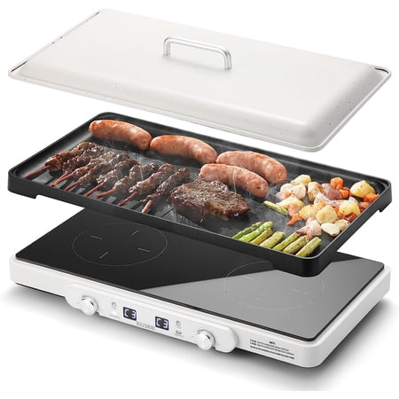 Razorri Electric Induction Cooktop, Removable Cast Iron Griddle Pan Non-Stick, 1800W Double Burner with Dual Independent Temperature Control