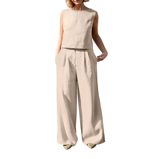 Blusa sin mangas lisa con cuello redondo para mujer a la moda de 2 piezas + conjuntos de pantalones con bolsillos sueltos Wmkox8yi bvn2627