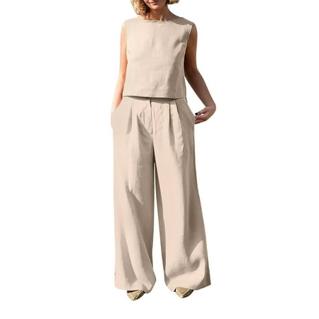 

Dadaria 2 Piece Outfits for Women Pants Sets Casual Round Neck Solid Sleeveless Blouse +Loose with Pockets Pants Sets Khaki XL Female