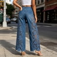 thumbnail image 4 of Women's Boho High Waist Flare Jeans Hollow Lace Patchwork Wide Leg Denim Pants Scalloped Hem Casual Y2K Streetwear Fashion Bottoms Blue, 4 of 7