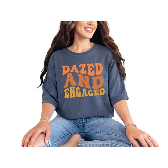 Dazed and Engaged, Marriage or Engagement Themed, Groovy Retro Wavy Text, Denim Comfort Colors T-Shirt, Small