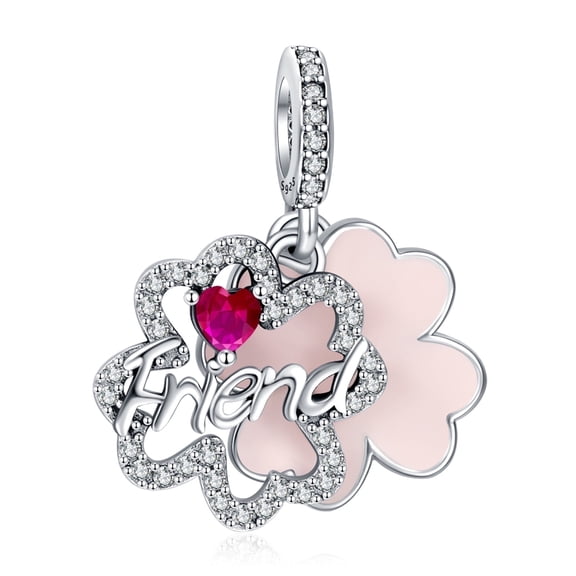925 Sterling Silver Charm for Bracelets Lucky Four Leaf Clover Friendship Ruby Charm Women Bracelet Charm