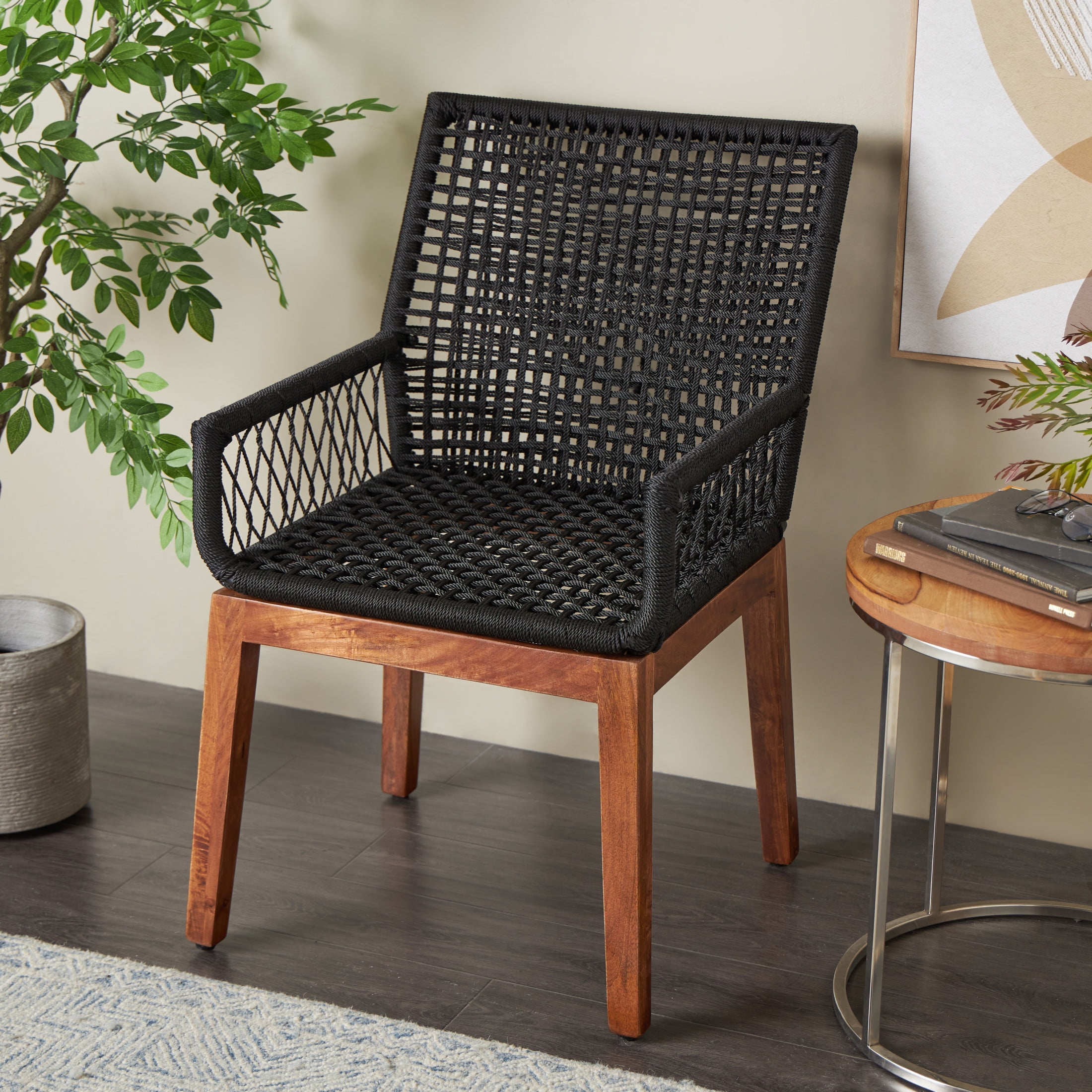 DecMode Jute Rope Handmade Woven Lounge Chair with Brown Wooden Legs, Black