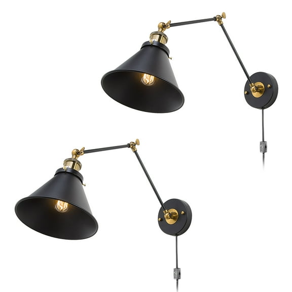 GRWROAD Plug-In Industrial Swing Arm Wall Sconce for Bedroom Plug-in or Hardwire Sconces Wall Lighting (2-Pack, Black)