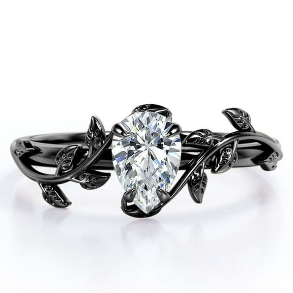 JeenMata Botanical Design - 1 Carat Pear Cut Moissanite - 4 Prong Engagement Ring - 18K Black Gold Plating over Silver