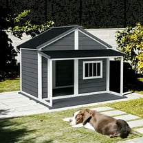 Pefilos 48" Outdoor Wood Dog House with Porch, Pet Kennel for Medium Dogs, Cabin Style Cat Shelter, 53 lbs, Gray