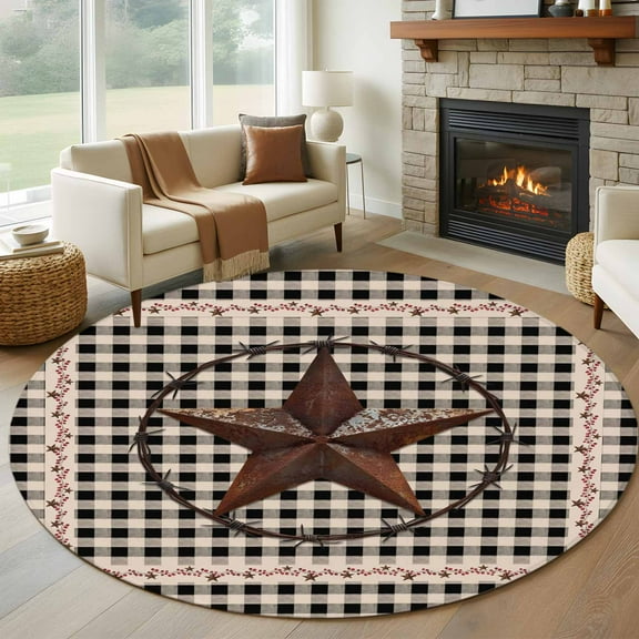 Farm Plaid Round Rug 5ft Washable Circle Kitchen Rugs Non Slip West Texas Star Rustic Farmhouse Black Brown Large Area Rug Indoor Floor Carpet for Bedroom Living Room Home Office Dining Room Nursery