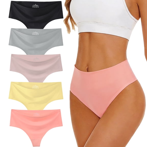 Sunm Boutique Cooling Seamless Thongs for Women, 5 Packs High Cut No Show Underwear Panties Thongs M-2XL