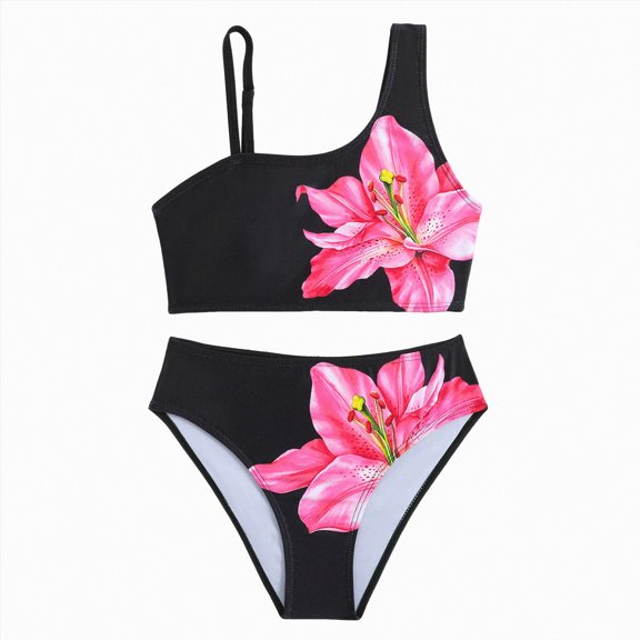 Ymyiu Infant Swimsuit Girl Girls Swimsuits 2 Piece Bikinis Set Colorblock Bathing Suits Strap Girls' Swimwear Size 11-12 Years (Black,11-12 Years)