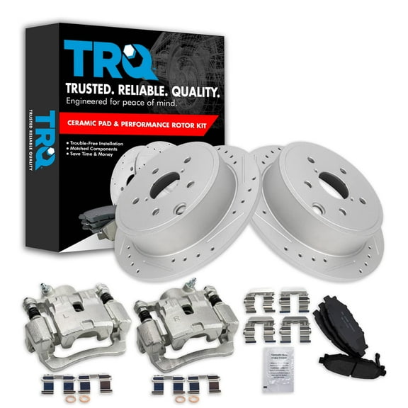 TRQ Rear Performance Brake Pad & Rotor Kit Brake Caliper Brake Pads Brake Rotors Set Ceramic Premium G-Coated Fits Select 2015-2019 Subaru WRX