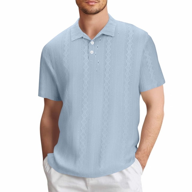 Blusa y camisa de manga corta con cuello vuelto para hombre, color liso, informal, holgada, con botones, de poliéster