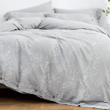 OREISE Duvet Cover Set Full/Queen Size Washed Cotton Yarn, Jacquard Gray and White Thin Branch Pattern Floral Style 3Piece Bedding Set
