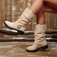 thumbnail image 5 of Women Buckle Strap Ruched Mid Calf Boots Faux Suede Solid Color Round Toe Block Mid Heel Winter Casual Boots Indoor Outdoor Daily Wear US Size 5 To 9 Beige, 5 of 8