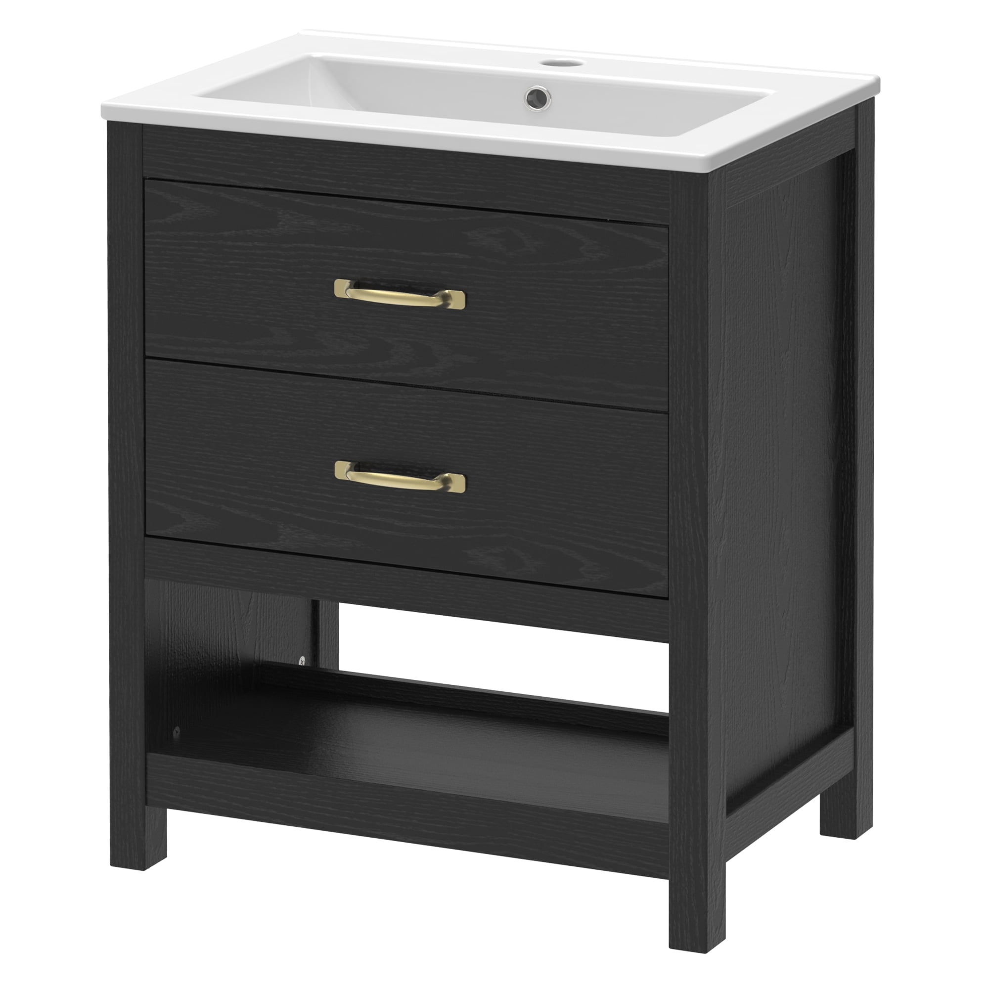 EVOKEDEN 24” Bathroom Vanity with Sink, Modern Bathroom Cabinet Set with LED Light for Small Space, 2 Soft-Close Drawers with Organizer, Black
