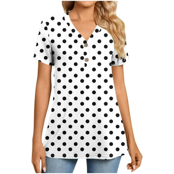 Jalioing Women's Short Sleeve Summer Tops Print V Neck Button Tunic Shirts Loose Casual Summer Blouses Clothes