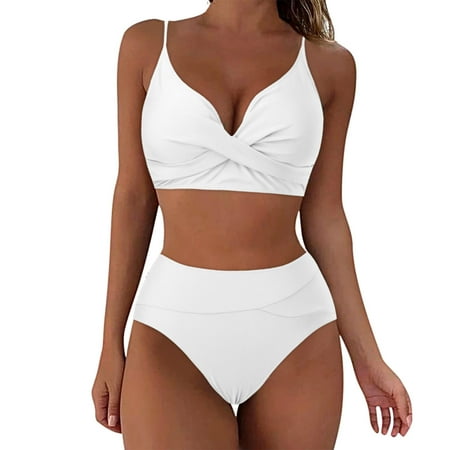 Summer Savings! Stamzod High Waisted Bikini Set For Women Clearance Sexy Solid Beachwear V Neck Front Crosses Push Up High Leg Thong Two Piece Swimsuit