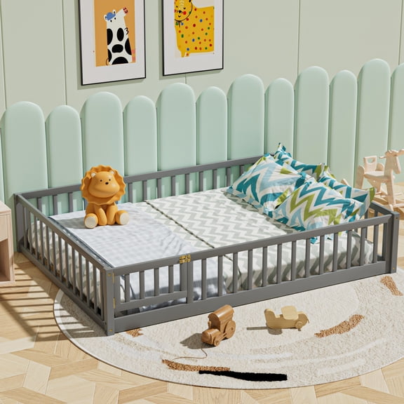 Queen Size Floor Bed, Floor Platform Bed with Door for Kids Toddlers Teens, Wood Montessori Bed Frame with Fence Guardrails, Playhouse Bed Kids Fence Bed Playpen Bed, No Box Spring Needed, Gray