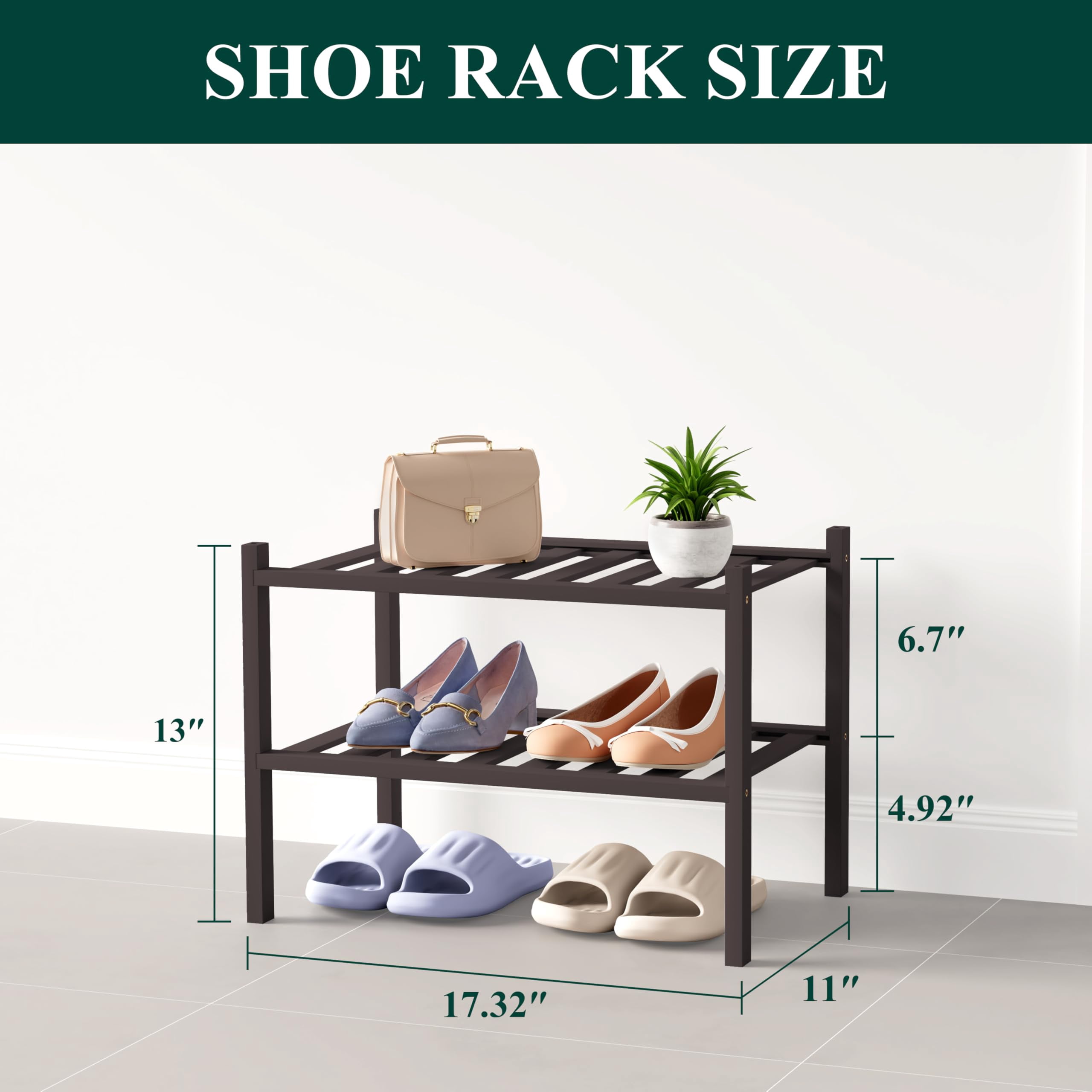 decorUhome Bamboo 2 Tier Small Shoe Rack for Closet, Shoe Storage Organizer, Wood Shoe Shelf for Entryway, Brown