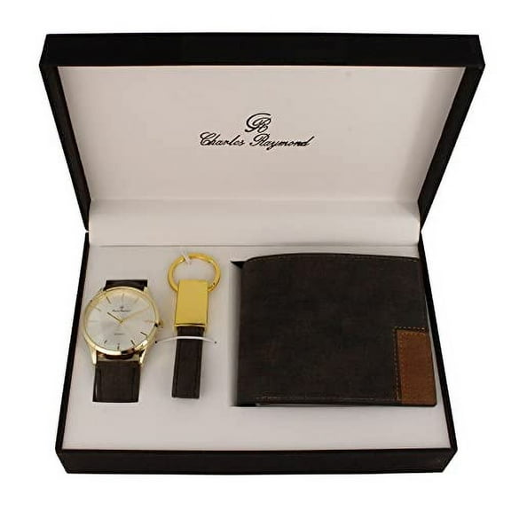 Charles Raymond Men Watch Gift Set Designed for Every Gentleman Gift Set of Watch, Wallet, Keychain in perferct Matching Color Best Birthday Valentine Day Gifts Box for Men (Black Gold Watch)